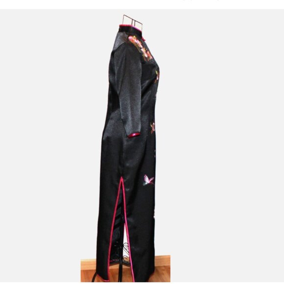 Long Black Satin Dress Floral Butterfly Side Slits Mandrin Collar Eastern XS - Picture 4 of 8